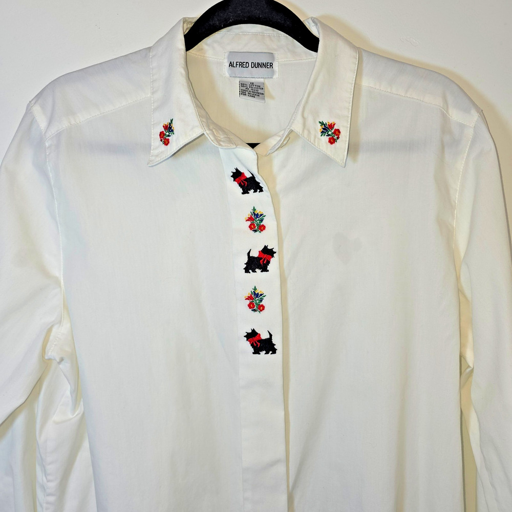 Alfred Dunner Christmas Scottie Dog Embroidered Button Down Shirt White Sz 12